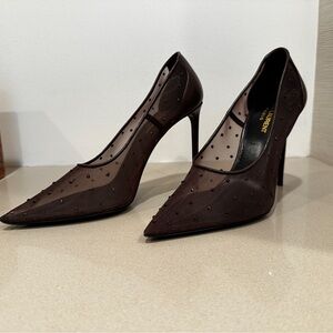 Saint Laurent Anja 105 Brown Mesh Heels with Crystals